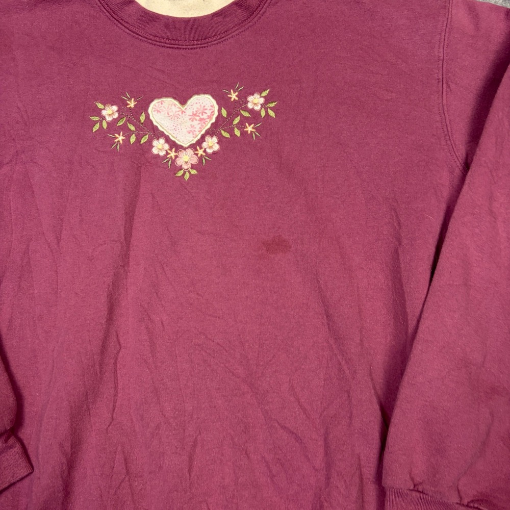 Country Store Vintage Burgundy Heart Floral Embroidered Sweatshirt Large - Picture 2 of 6